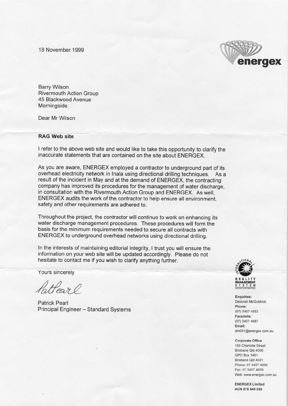 Letter from Energex 18 November 1999.